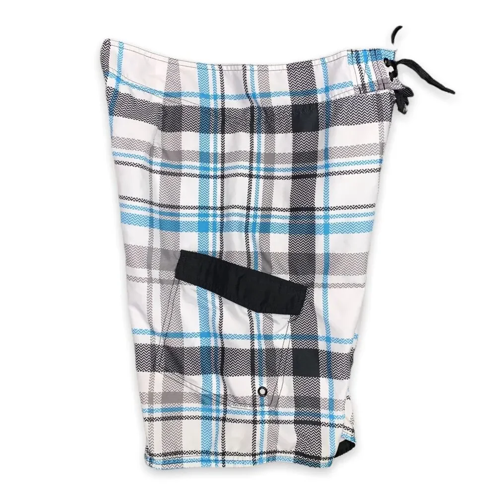 Merona Mens Plaid Board Shorts Swim Trunks Black White Blue Size 32